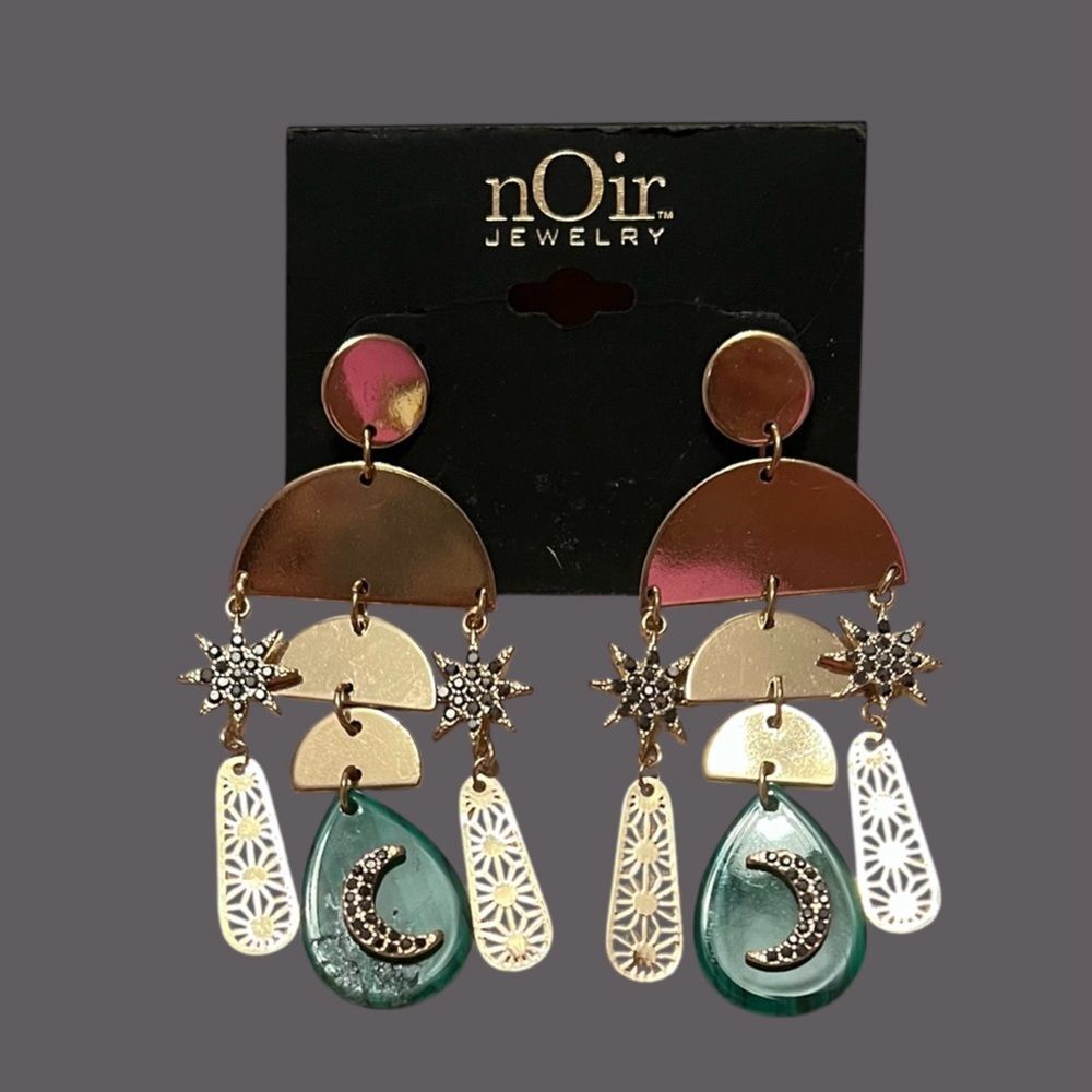 Noir Jewelry Gold and Green Moon And Star Statement Dangle Earrings
